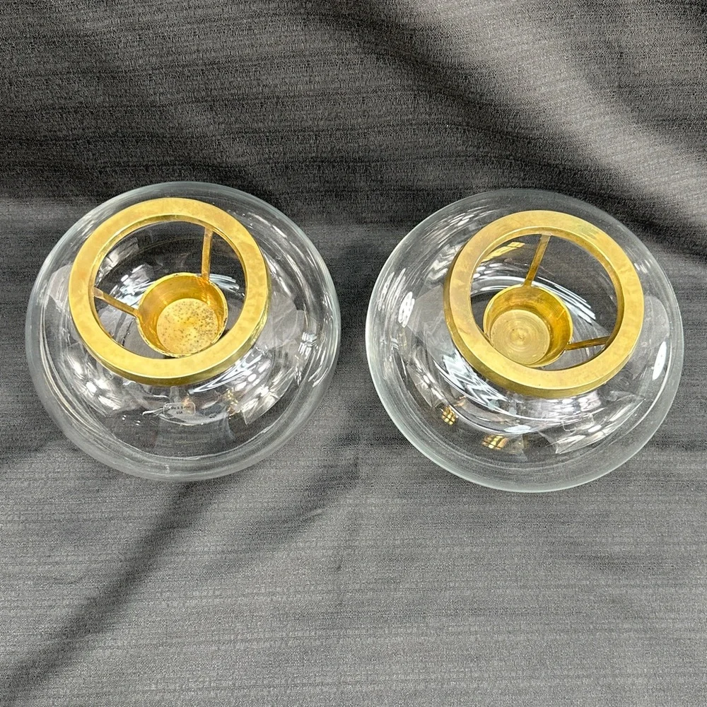 Vtg Crate & Barrel Set 2 Blown Glass Bowls W/Solid Brass Candle Inserts Stickers